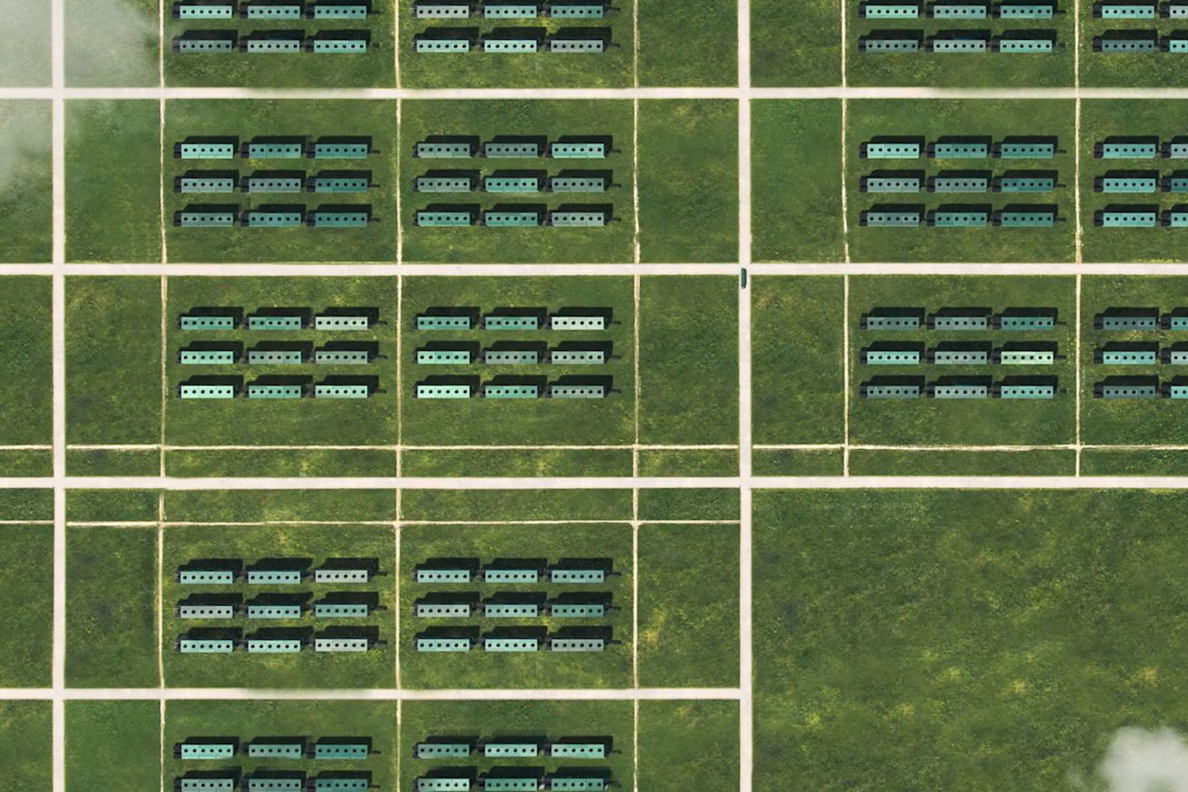 A rendering of an aerial view of direct air capture modules lined up in rectangular formations