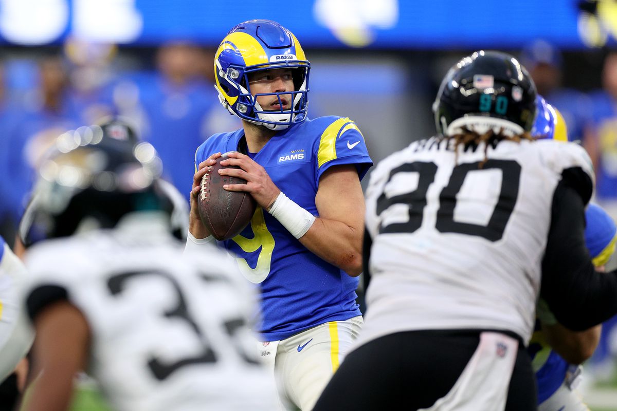 Matthew Stafford #9 of the Los Angeles Rams prepares to pass during a 37-7 win over the Jacksonville Jaguars at SoFi Stadium on December 05, 2021 in Inglewood, California.