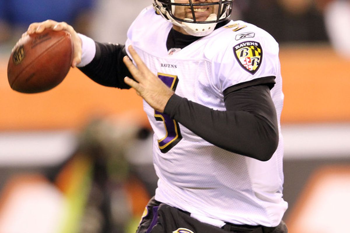 CINCINNATI, OH - JANUARY 01:  Joe Flacco #5 of the Baltimore Ravens throws the ball during the NFL game against  the Cincinnati Bengals at Paul Brown Stadium on January 1, 2012 in Cincinnati, Ohio.  (Photo by Andy Lyons/Getty Images)