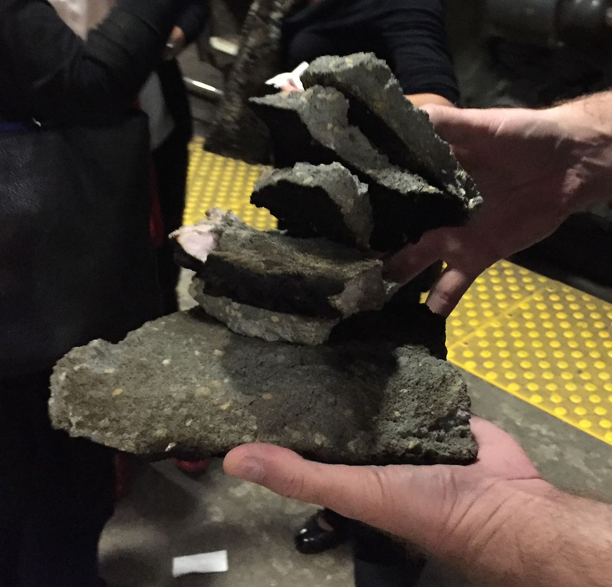 Several pounds of concrete plunged from the ceiling above the Union Station track platforms and struck Hilda Piell, 48, of Northbrook on Monday. | Neil Steinberg/Sun-Times
