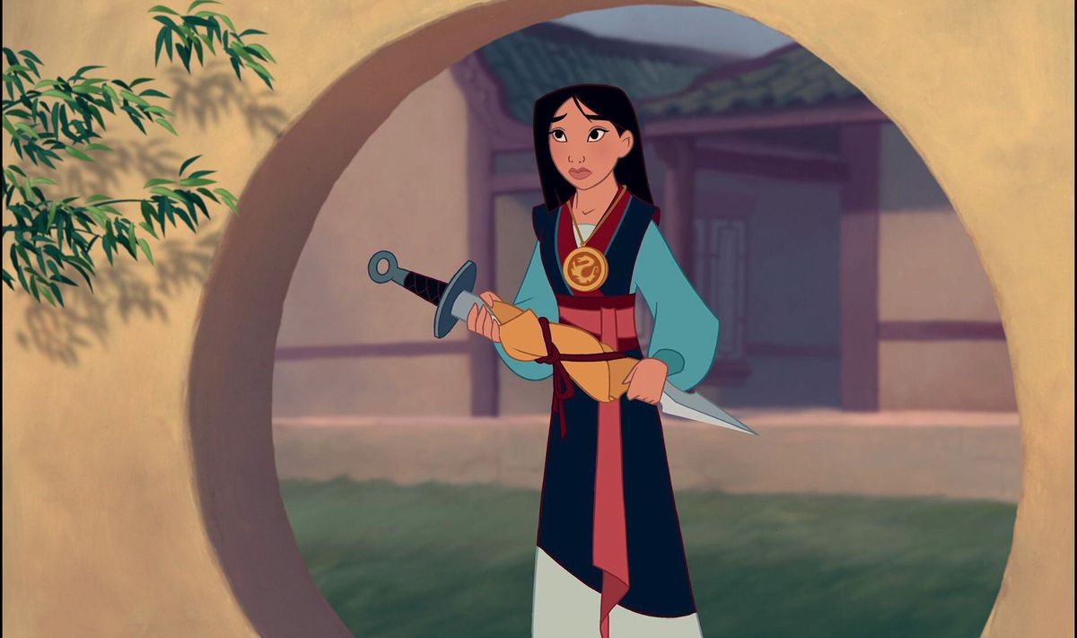 mulan holds her sword in a sheath