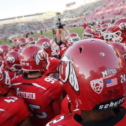 Utah Utes warm up prior to their Pac-12 football with USC in Salt Lake City Thursday, Oct. 4, 2012.