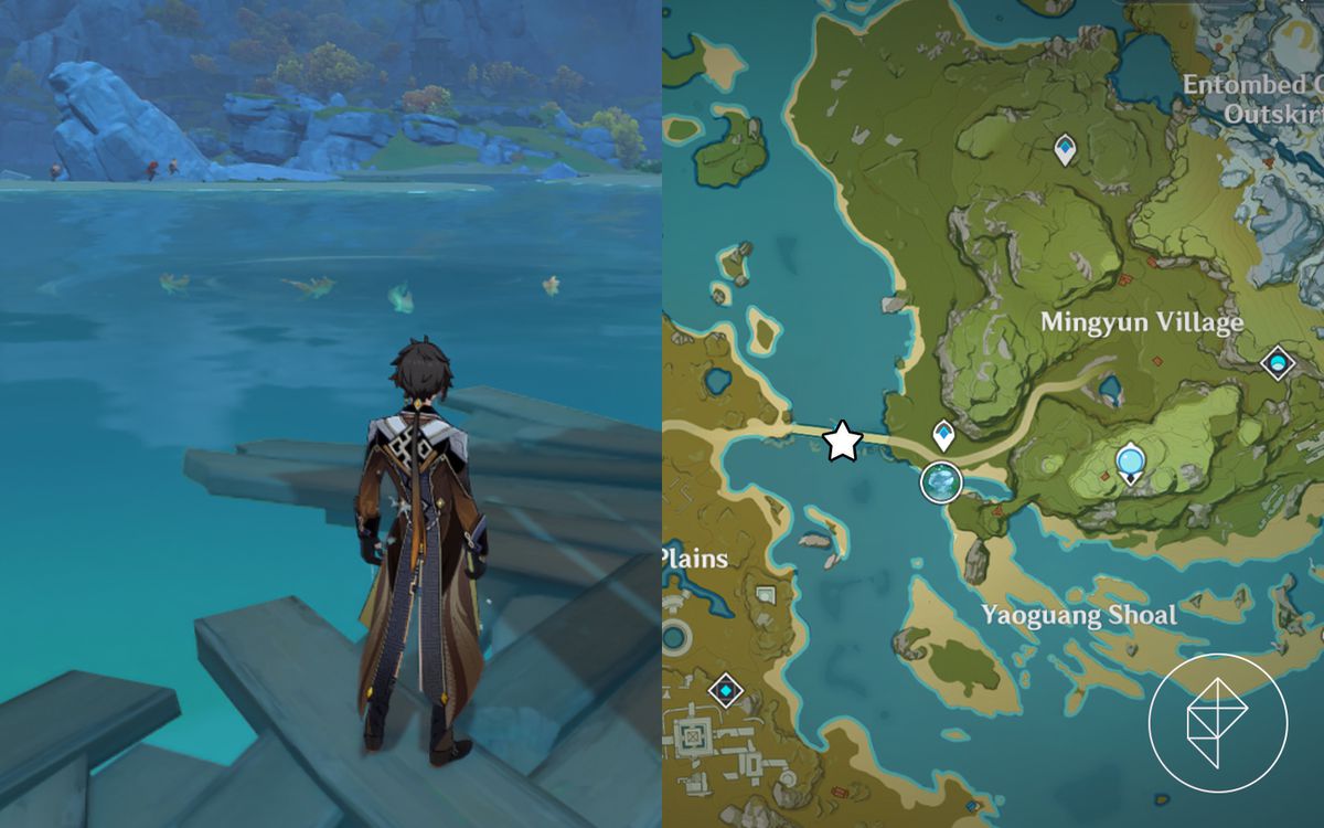 A map showing where to find a fishing spot on a broken bridge in Guili Plains