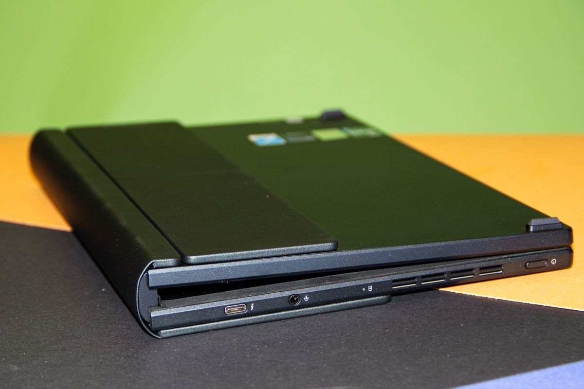The Zenbook 17 Fold OLED closed, seen from the right side.