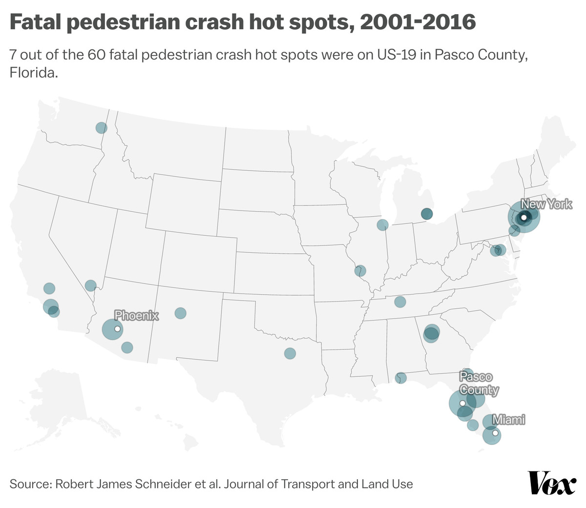 The map shows the fatal pedestrian crash spots identified in Schneider’s paper. Seven of 60 are in Pasco County, Florida.
