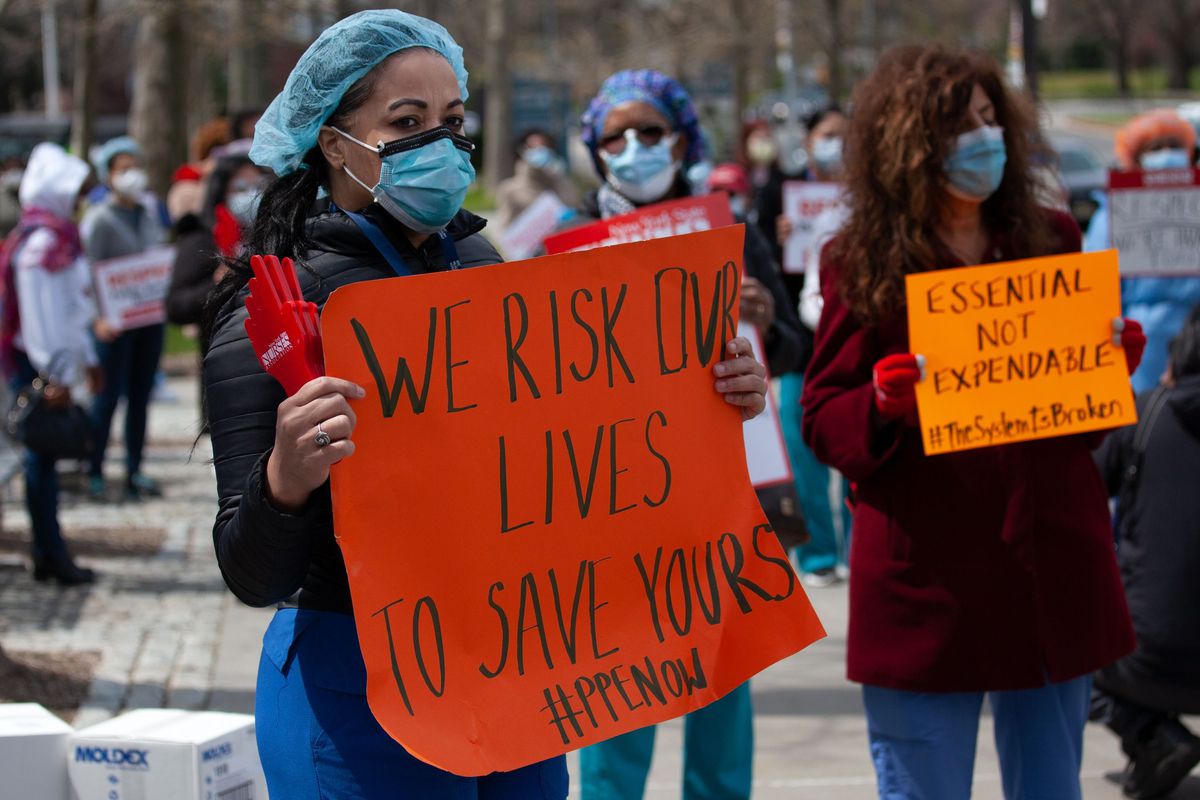 Nurses decried a lack of protective equipment outside city-run Jacobi Medical Center in The Bronx, April 17, 2020.