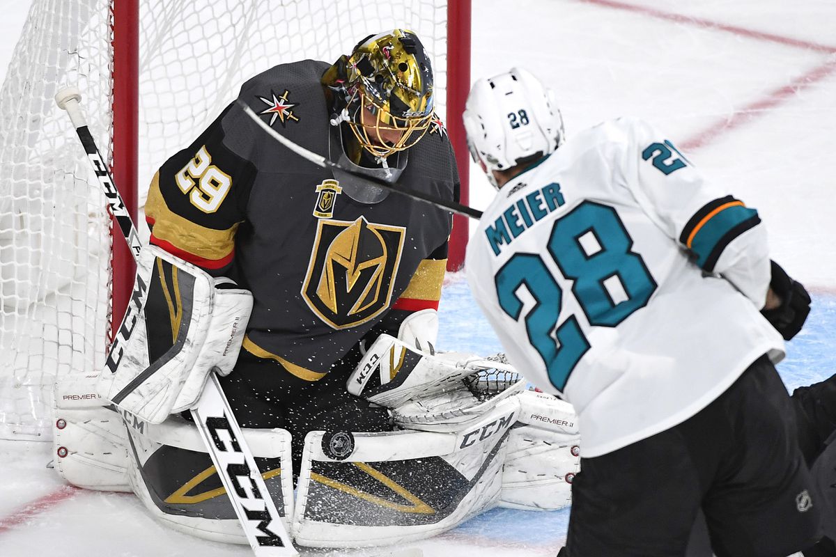 May 4, 2018; Las Vegas, NV, USA; Vegas Golden Knights goaltender Marc-Andre Fleury (29) makes a third period save against San Jose Sharks right wing Timo Meier (28) in game five of the second round of the 2018 Stanley Cup Playoffs at T-Mobile Arena.