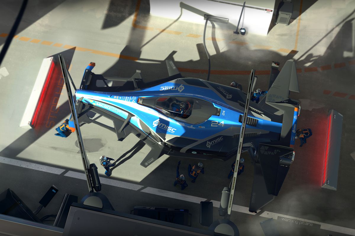 A pit crew works on a small blue spaceship, its profile not unlike a formula one car.