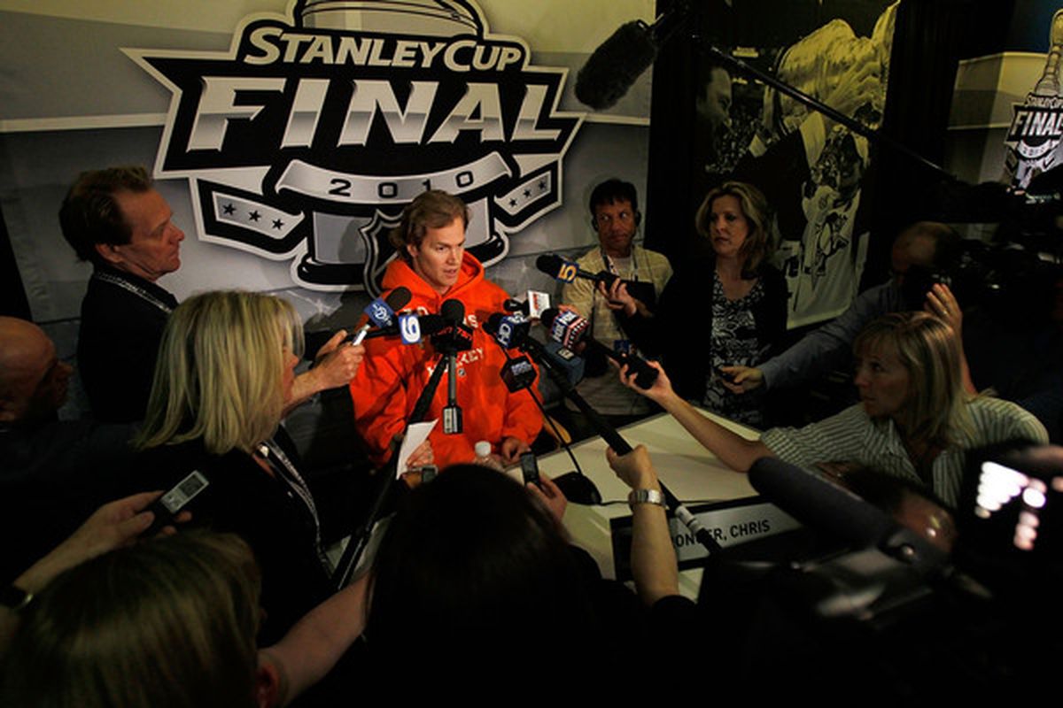 CHICAGO - MAY 27: Chris Pronger of the Philadelphia Flyers answers questions during Stanley Cup media day at the United Center on May 27, 2010 in Chicago, Illinois. (Photo by Jonathan Daniel/Getty Images)