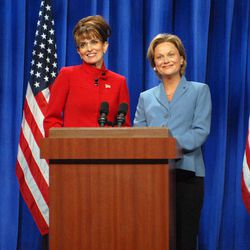 In this Sept. 13, 2008 photo released by NBC, Tina Fey portrays Alaska Gov. Sarah Palin, left, and Amy Poehler as Sen. Hillary Clinton during a skit on "Saturday Night Live," in New York. The long-running sketch comedy series will celebrate their 40th anniversary with a 3-hour special airing Sunday at 8 p.m. EST on NBC. 