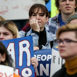 Protesters with the "March for Our Lives" rally gather on the steps of the state Capitol in Salt Lake City on Saturday, March 24, 2018. Thousands of protesters marched from West High School to the state Capitol to advocate for stricter gun control laws.
