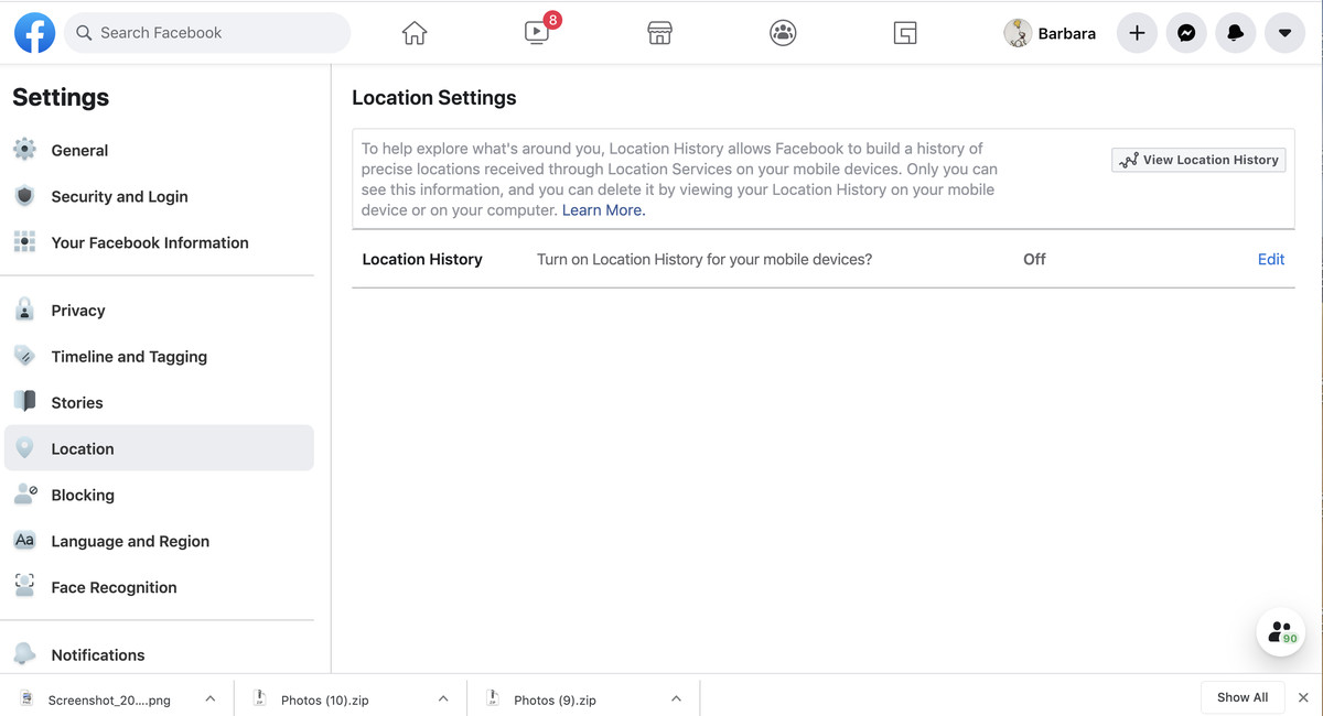 The “Location Settings” page lets you view your history, delete it, and stop recording it.