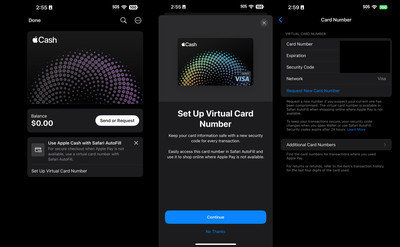 Three screenshots showing the process of setting up the Apple Cash virtual Card Number.