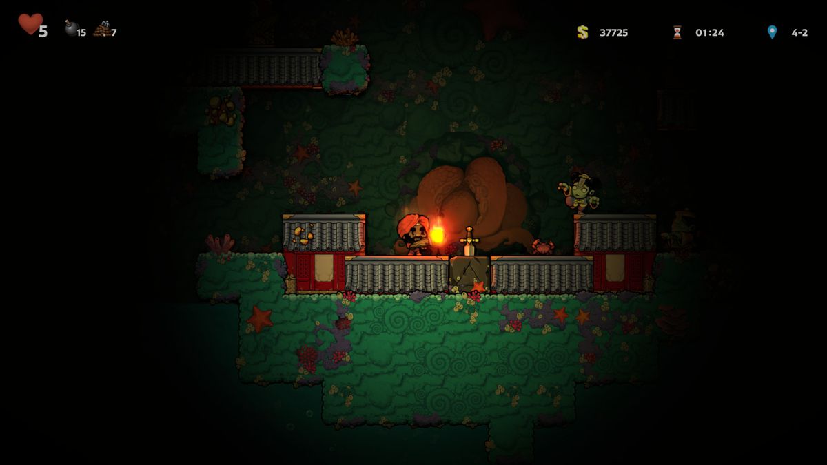 In Spelunky 2, our hero discovers a sword in a stone.