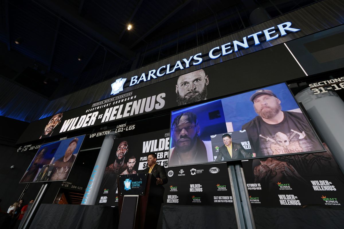 Host Ray Flores moderates a video press conference for Deontay Wilder and Robert Helenius at Barclays Center on August 30, 2022 in Brooklyn, New York.