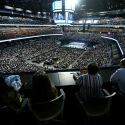 A near-capacity crowd gathers inside the Amway Center in Orlando, Florida, to listen to President Russell M. Nelson and others speak at a devotional on Sunday, June 9, 2019.
