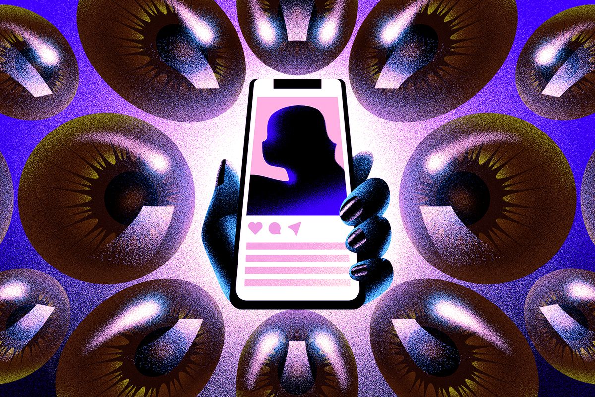 A hand is holding a cell phone. Giant eyeballs surround the phone, all focusing on a woman’s instagram post.