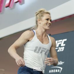 Holly Holm all smiles at UFC 219 open workouts Thursday at T-Mobile Arena in Las Vegas.