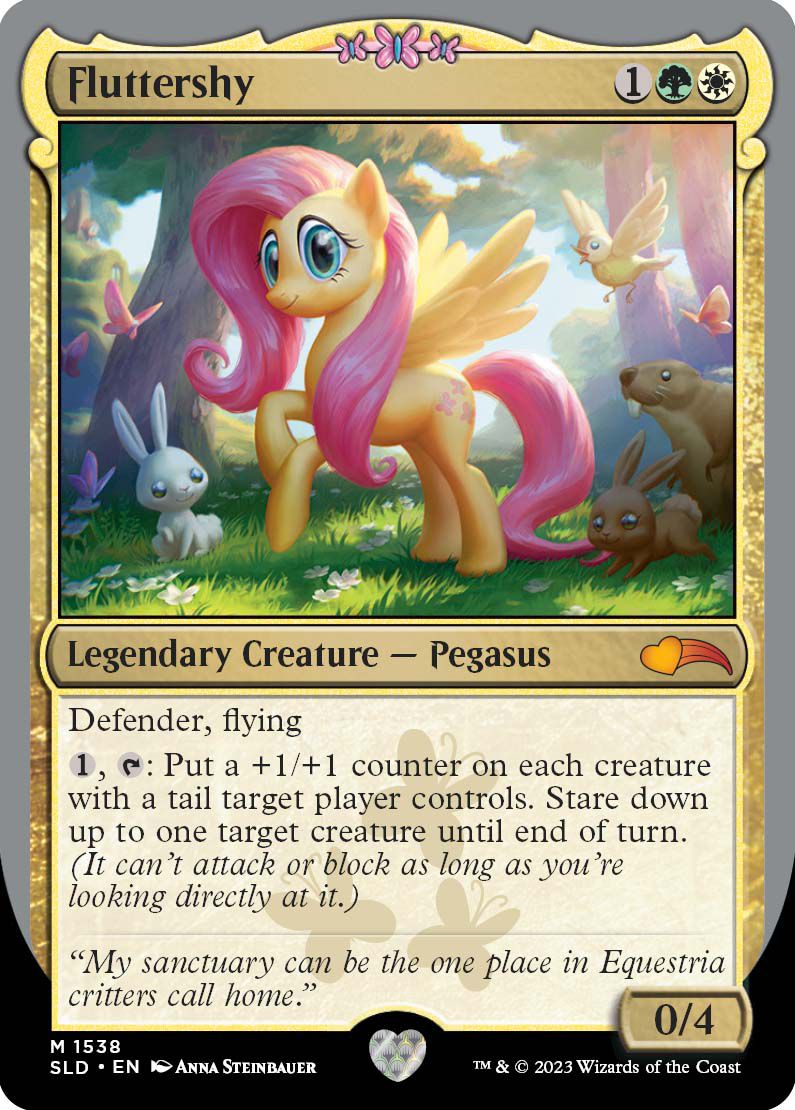 Fluttershy is a legendary creature, a defender with flying and another special ability — which requires them to stare down their opponent.