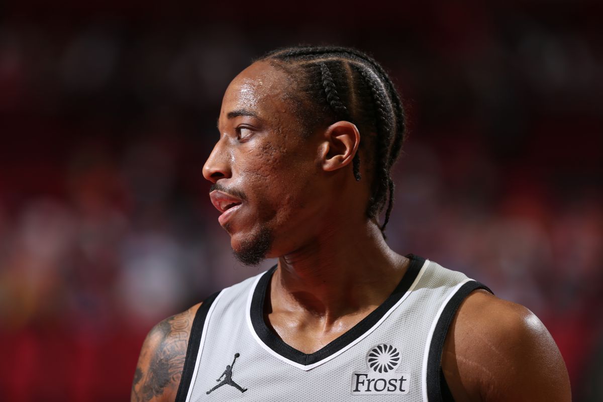 DeMar DeRozan of the San Antonio Spurs looks on during the game against the Portland Trail Blazers on May 8, 2021 at the Moda Center Arena in Portland, Oregon.