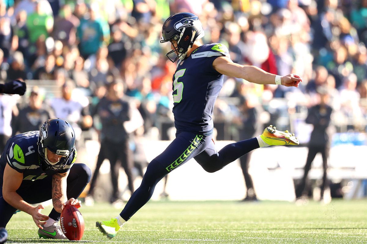 SEATTLE, WASHINGTON - OCTOBER 31: Jason Myers #5 of the Seattle Seahawks kicks a field goal during the second quarter against the Jacksonville Jaguars at Lumen Field on October 31, 2021 in Seattle, Washington.