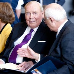 Jon M. Huntsman Sr. talks with business school dean Douglas D. Anderson during the grand opening of Huntsman Hall at Utah State University on Wednesday, March 16, 2016, in Logan.