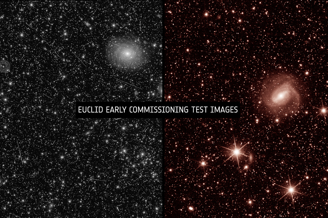 A side-by-side of visual spectrum and infrared spectrum test images taken by the Euclid space telescope.