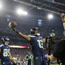 Seattle Seahawks wide receiver Chris Matthews (13) celebrates after catching a touchdown pass during the first half of NFL Super Bowl XLIX football game against the New England Patriots Sunday, Feb. 1, 2015, in Glendale, Ariz.
