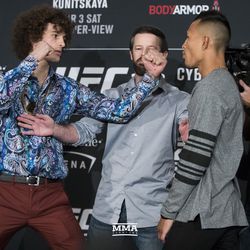 Sean O’Malley and Andre Soukhamthath square off at UFC 222 media day.