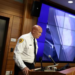 Salt Lake City Police Chief Mike Brown updates reporters on the investigation into missing University of Utah student Mackenzie Lueck at the Salt Lake Public Safety Complex in Salt Lake City on Thursday, June 27, 2019. Police are hoping the public can help them find the mattress that is displayed on the screen. Police say the mattress and box spring were given away from the home of a person of interest in the case. Anyone who received those items is asked to contact Salt Lake police at 801-799-3000.