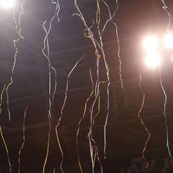Streamers descend on the crowd after the Utah Jazz beat the Portland Trail Blazers, 92-76, in Salt Lake City Friday, Feb. 20, 2015.