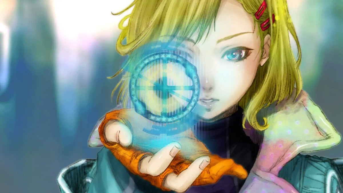 Gnosia screenshot of a blond woman holding a hologram