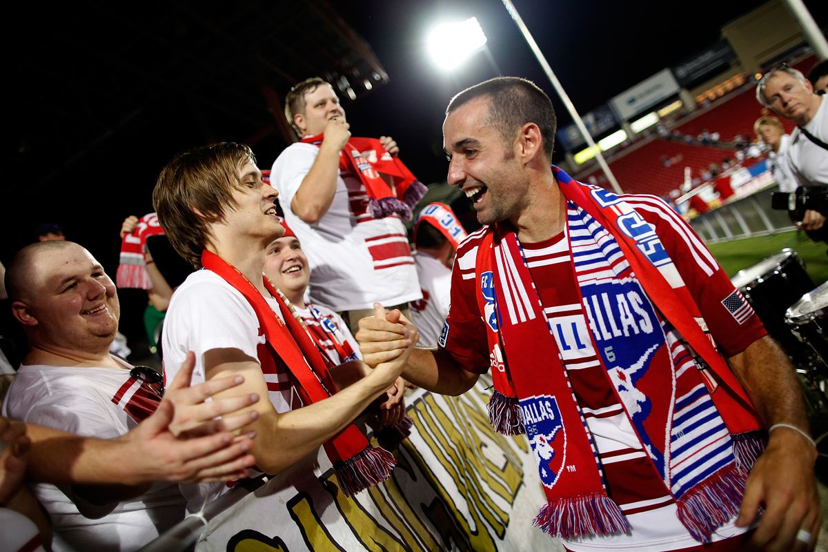 FRISCO, TX - JULY 21:  Andrew Jacobson #4 of the FC Dallas celebrates with fans after FC Dallas beat the Portland Timbers 5-0 at FC Dallas Stadium on July 21, 2012 in Frisco, Texas.  (Photo by Tom Pennington/Getty Images)