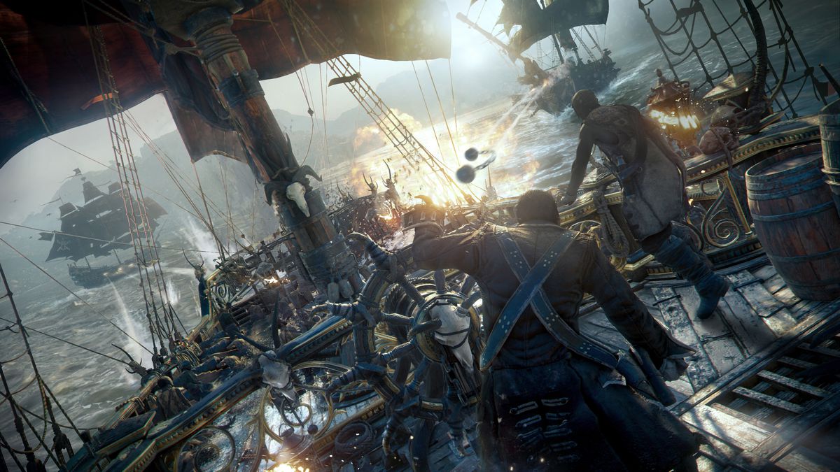 Skull &amp; Bones - captain at the helm in a battle among three ships