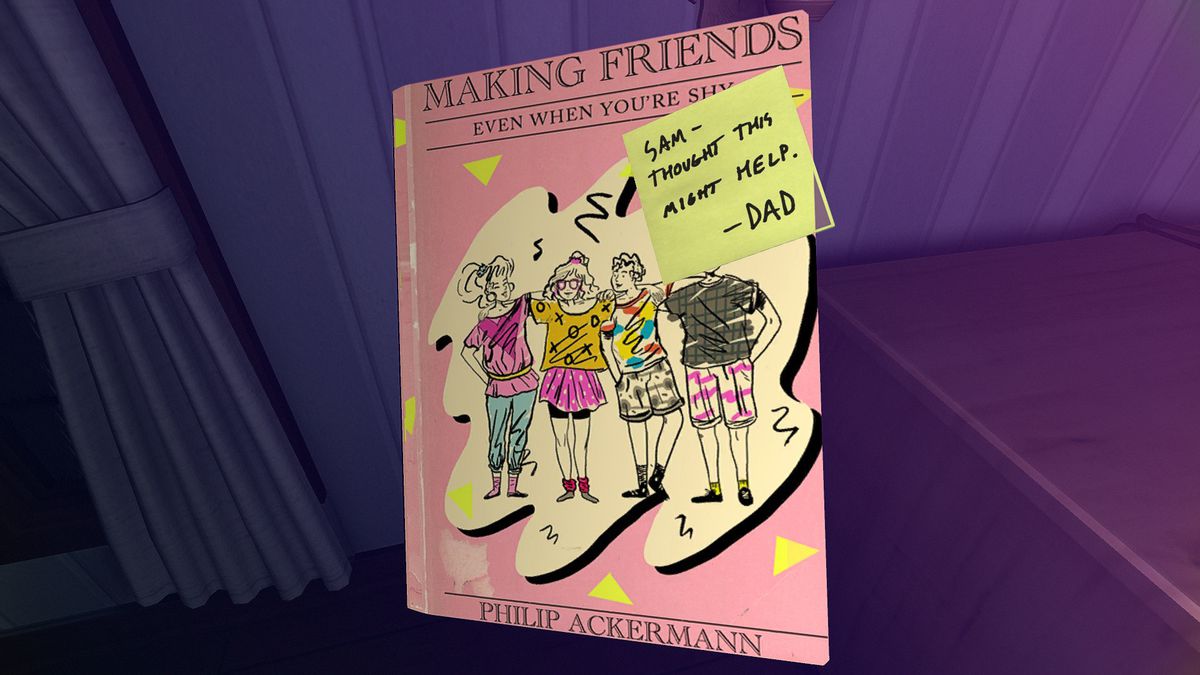 Image from the game Gone Home: Cover of book, “Making Friends” with a post it note from “Dad” attached