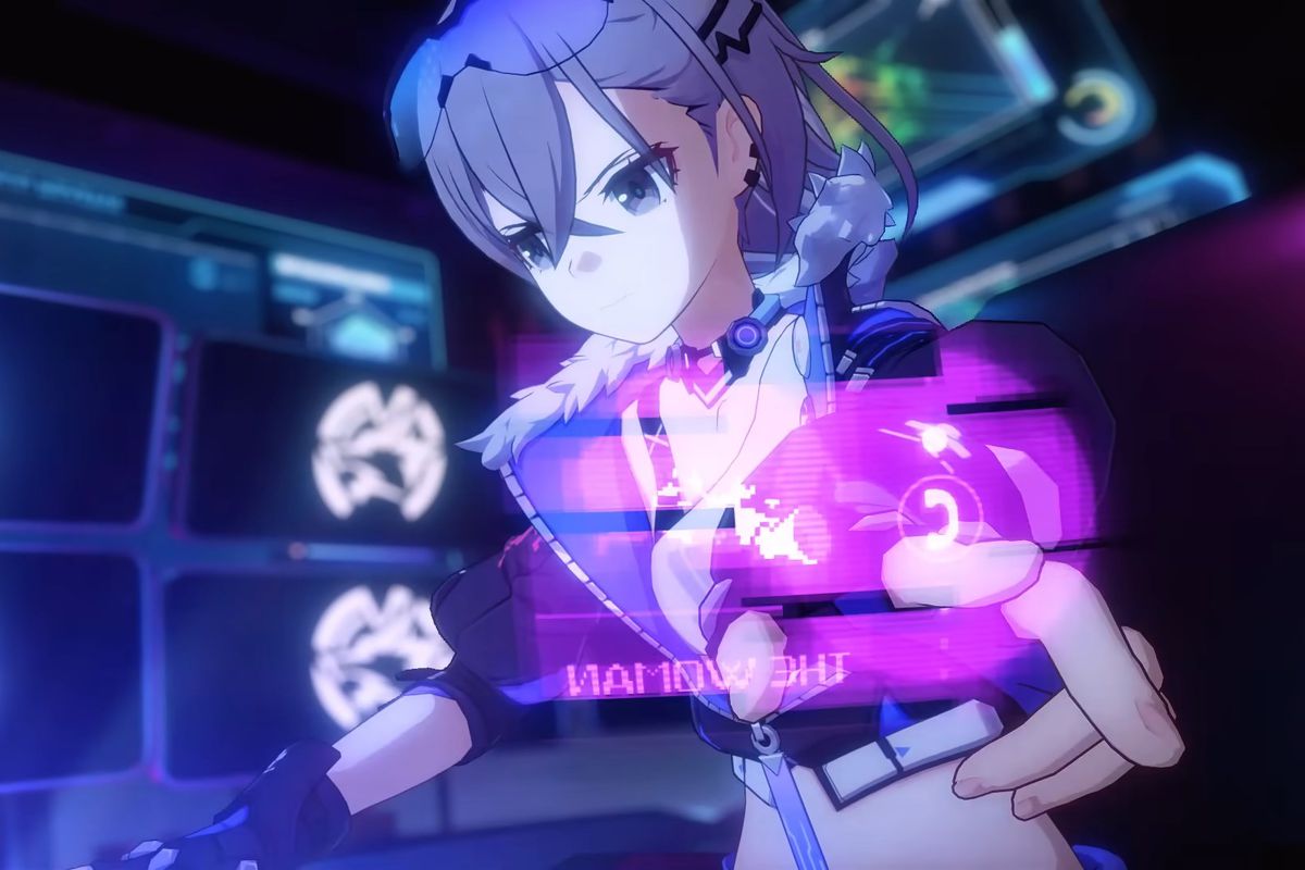 Silver Wolf intensely playing a game in Honkai: Star Rail, where she’s pressing buttons quickly and swiping at a glowing hologram