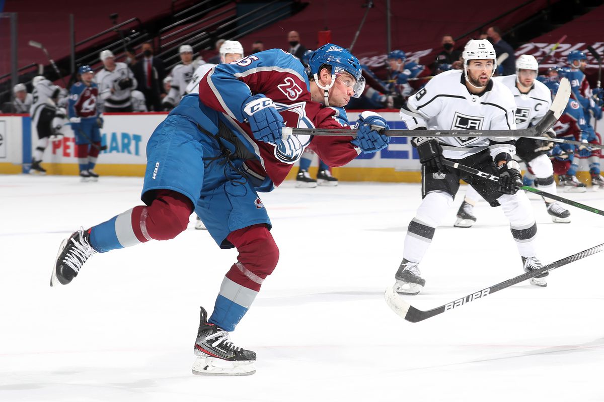 Andre Burakovsky #95 of the Colorado Avalanche shoots against the Los Angeles Kings at Ball Arena on March 14, 2021 in Denver, Colorado.