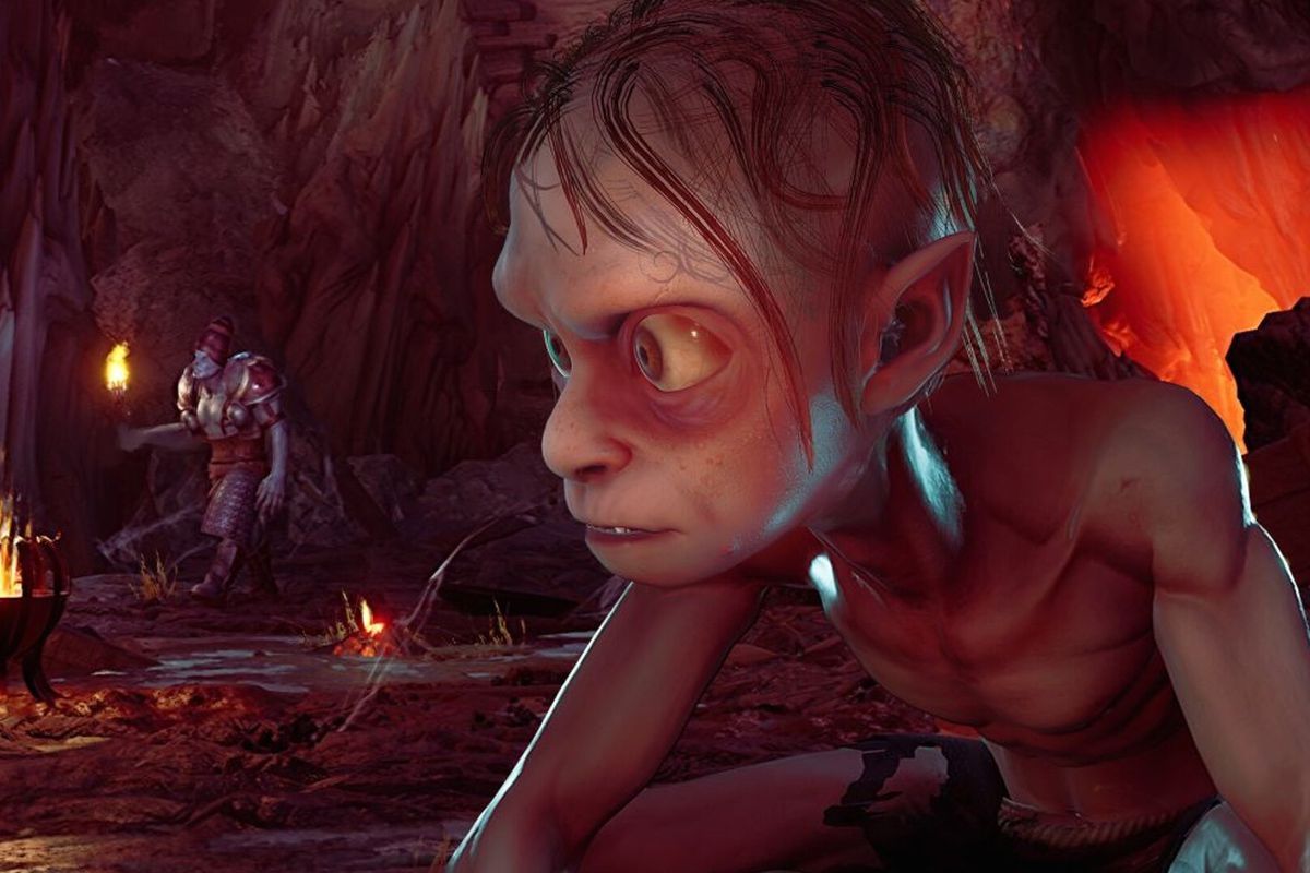 Gollum looks around an orc factor in the Lord of the Rings: Gollum game