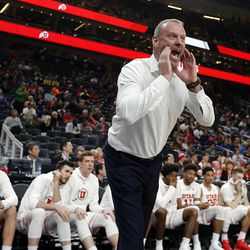 Utah Utes head coach Larry Krystkowiak yells to his team near the end of the game against the Oregon Ducks during the Pac-12 basketball tournament in Las Vegas on Thursday, March 8, 2018.