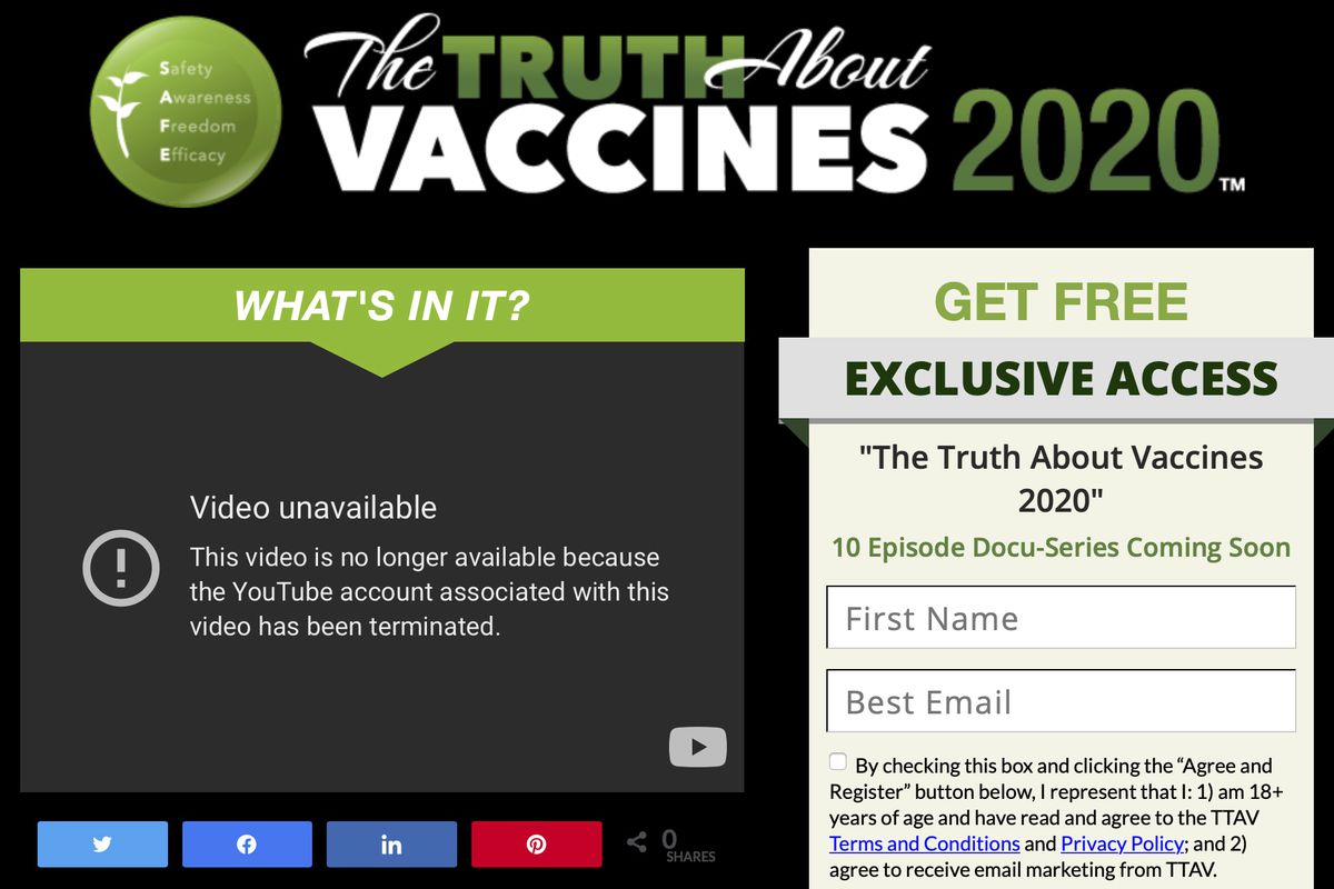 This Wednesday, May 19, 2021 image made from The Truth About Vaccines website, run by Ty and Charlene Bollinger, shows a message indicating one of their YouTube accounts has been shut down. The major online seller of disinformation about COVID-19 and its vaccines has had one of its channels removed from YouTube, days after an Associated Press investigation detailed how they work with other spreaders of false information to make money. (AP Photo) ORG XMIT: NY896