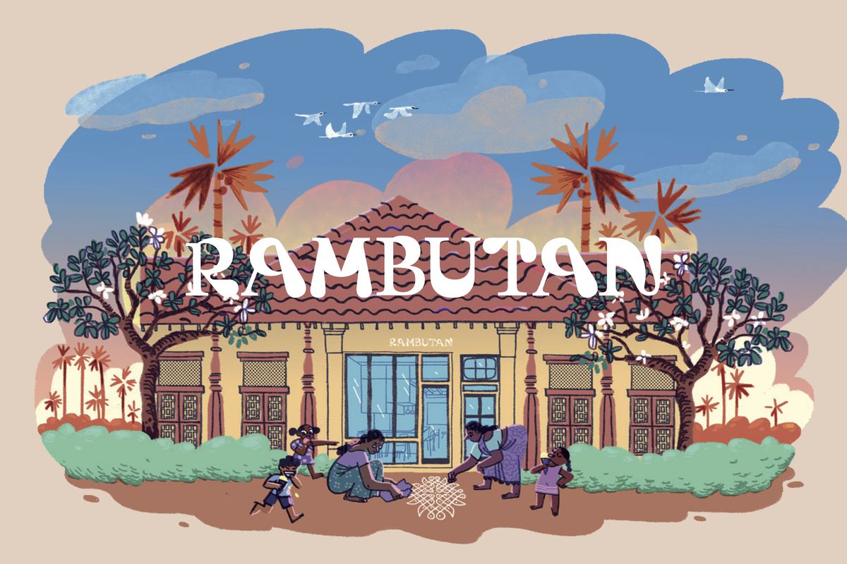 An illustration of a modernist Sri Lankan property, with palm trees on a blue sky, with the word “Rambutan” in white all capital letters, the font a little dreamlike