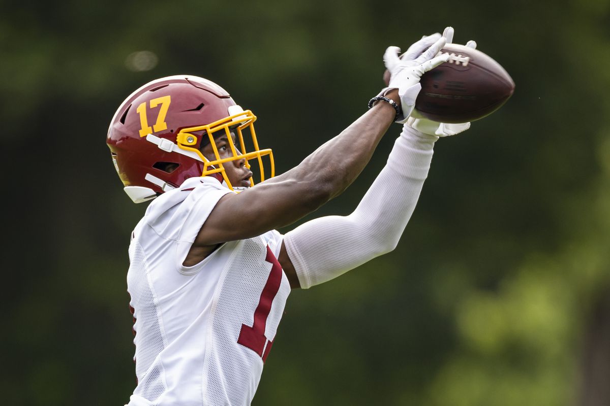 Terry McLaurin #17 of the Washington Football Team catches a pass during mandatory minicamp at Inova Sports Performance Center on June 9, 2021 in Ashburn, Virginia.