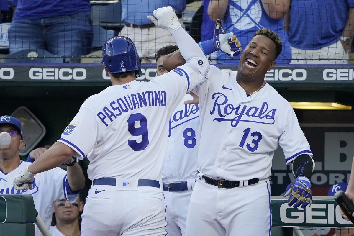 Vinnie Pasquantino #9 of the Kansas City Royals celebrates his home run with Salvador Perez #13 in the fourth inning during game two against the Chicago White Sox of doubleheader at Kauffman Stadium on August 09, 2022 in Kansas City, Missouri.