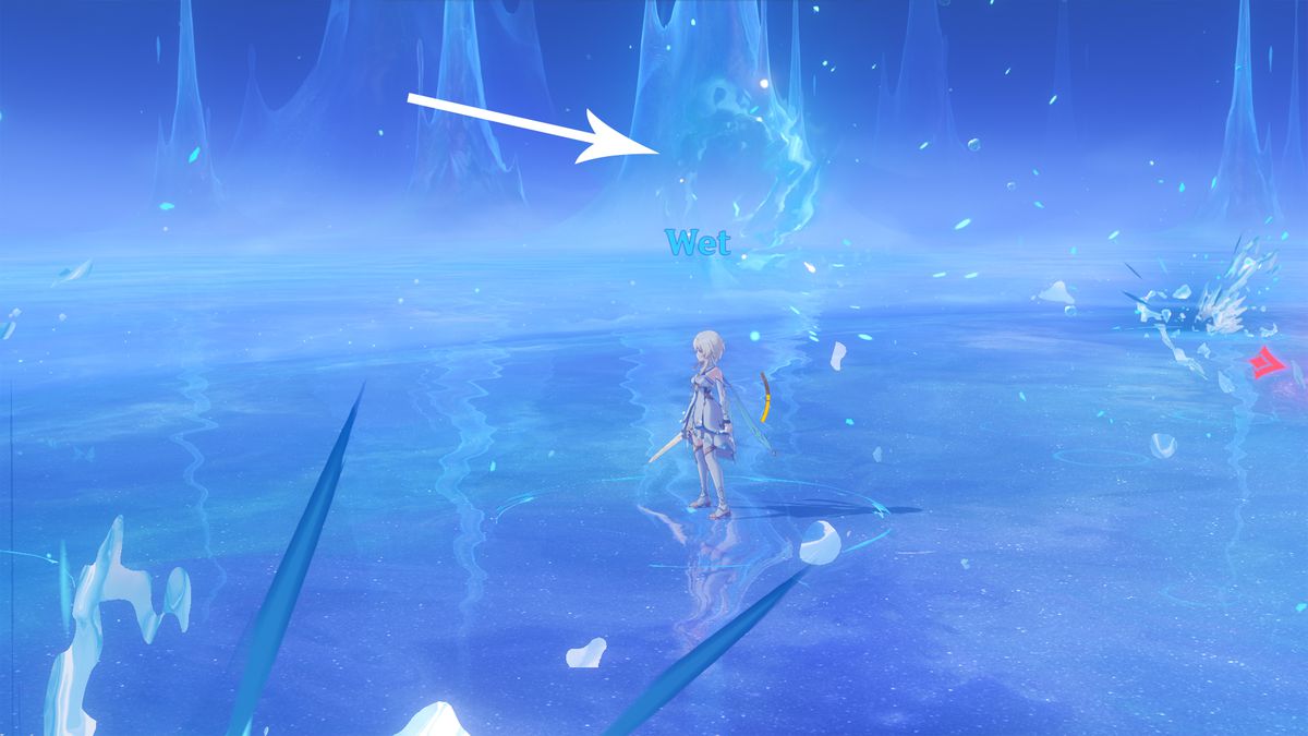 A character walks on a water in an ethereal realm in Genshin Impact.
