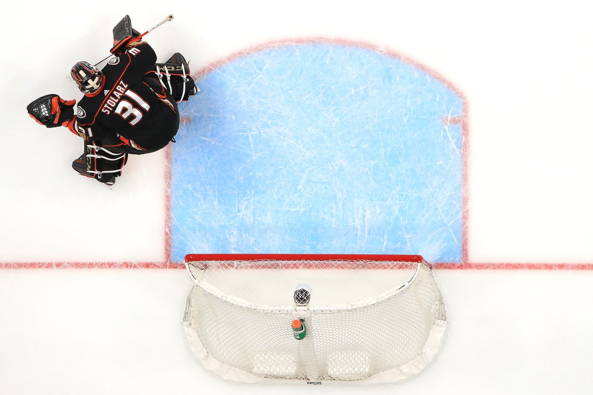 ANAHEIM, CALIFORNIA - MARCH 11: Anthony Stolarz #31 of the Anaheim Ducks tends goal during the second period of a game against the St. Louis Blues at Honda Center on March 11, 2020 in Anaheim, California.