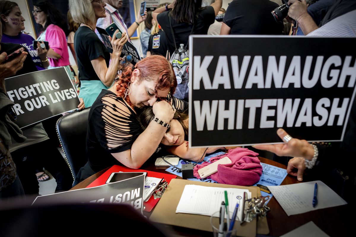 Protesters staged a sit-in inside the office of Sen. Susan Collins (R-Maine) office for over 7 hours on Oct. 5, 2018, hoping the Republican senator would vote against the confirmation of Judge Brett Kavanaugh to the Supreme Court