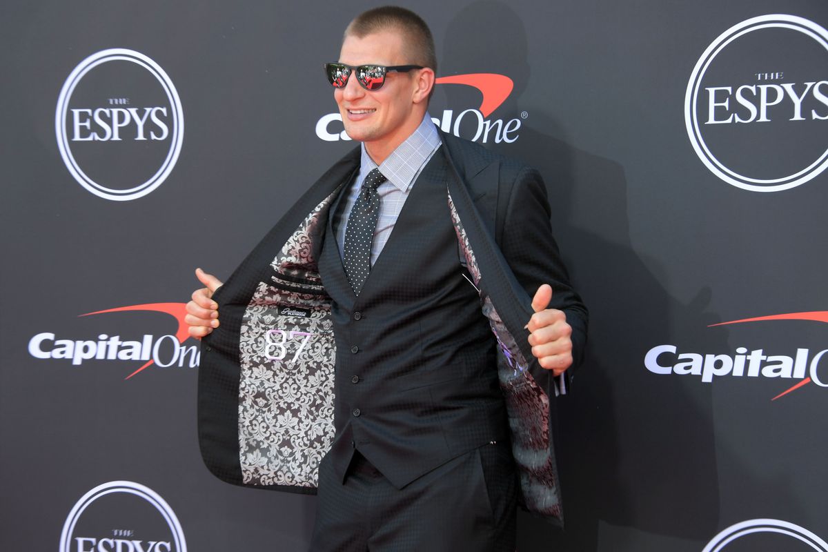 Former football player Rob Gronkowski arrives on the red carpet at Microsoft Theatre. Mandatory Credit: Kirby Lee
