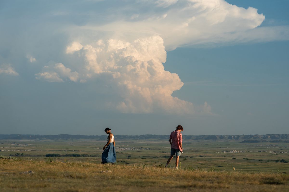 Lee (Timothée Chalamet) and Maren (Taylor Russell) stand in a wide green field under a wide, bright blue sky filled with puffy white clouds in Bones and All.