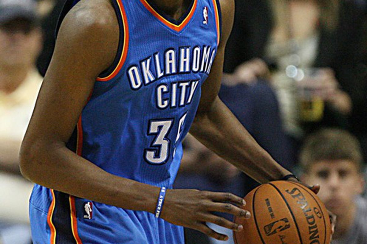 Apr 6, 2012; Indianapolis, IN, USA; Oklahoma City Thunder forward Kevin Durant (35) brings the ball up court against the Indiana Pacers at Bankers Life Fieldhouse. Indiana defeated Oklahoma City 103-98.  Mandatory Credit: Brian Spurlock-US PRESSWIRE