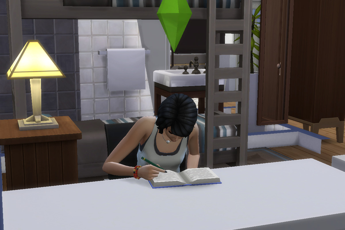 A teen Sim does homework on a plain desk